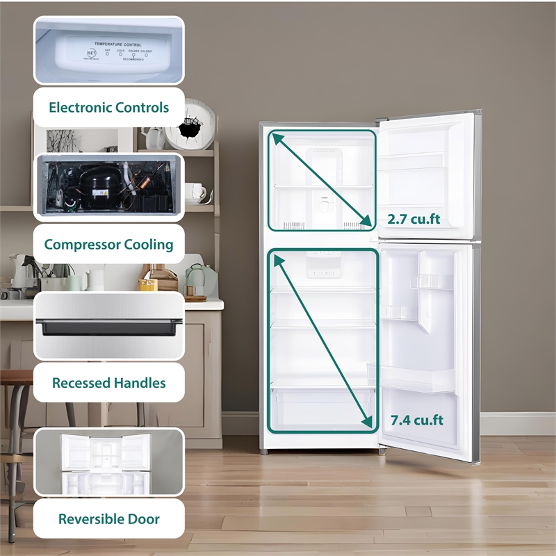 Pemberly Row 10cf Top Freezer Refrigerator 24in Frost Free Quiet 43dB 110V