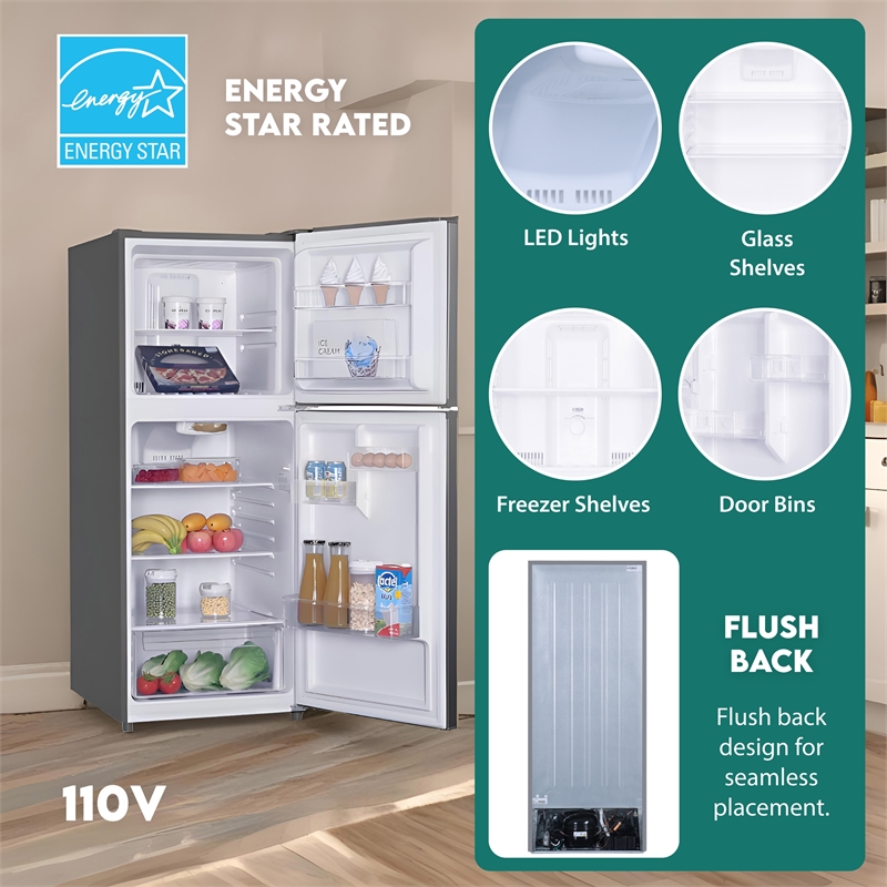 Pemberly Row 10cf Top Freezer Refrigerator 24in Frost Free Quiet 43dB 110V