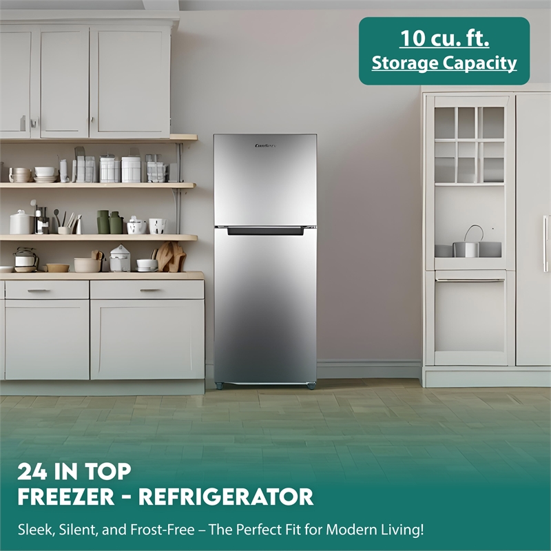 Pemberly Row 10cf Top Freezer Refrigerator 24in Frost Free Quiet 43dB 110V