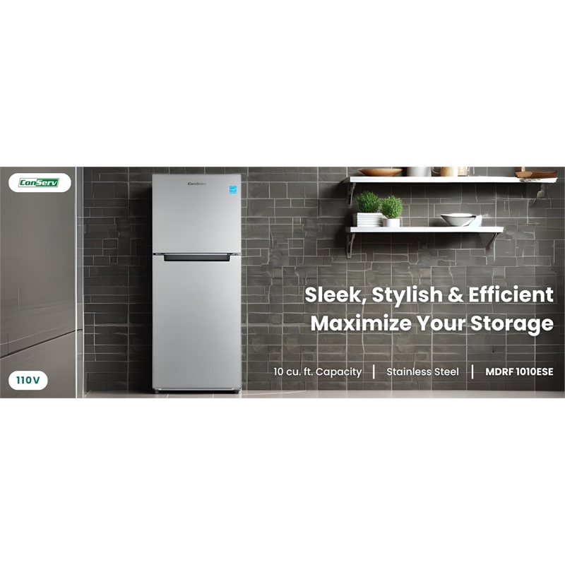 Pemberly Row 10cf Top Freezer Refrigerator 24in Frost Free Quiet 43dB 110V