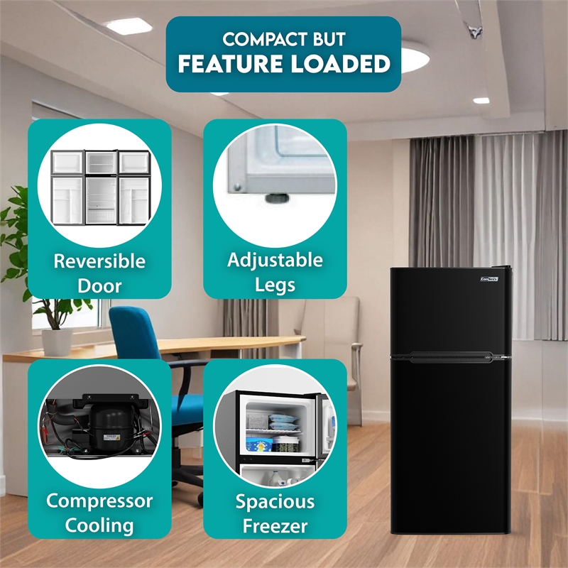 Pemberly Row 19in Black Compact 2 Door Refrigerator 4.5cf Reversible Door 110V