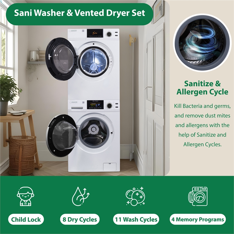 Pemberly Row Power Touch Compact 110V Washer & 220V Vented Digital 4cf Dryer