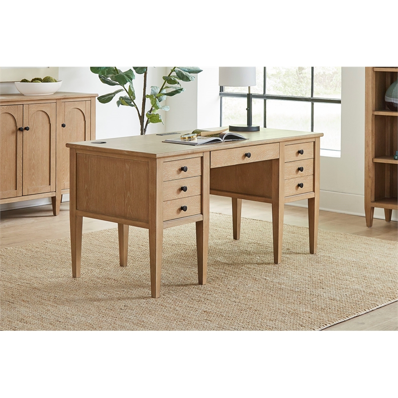 Pemberly Row Set of 2 Fully Assembled Wood Brown Desk & Lateral Filing Cabinet