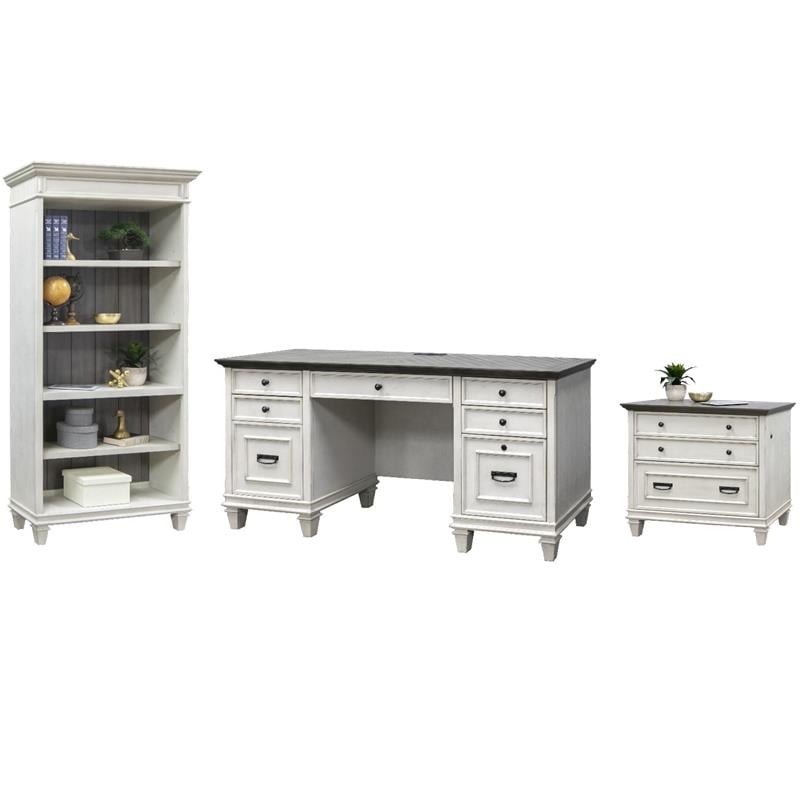 Pemberly Row Set of 3 Wood Credenza Office Desk & Filing Cabinet & Bookcase