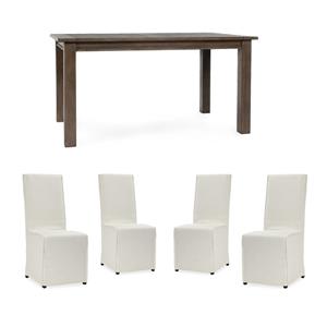 Pemberly Row Set of 5 60&quot Pine Dining Table & Fabric Upholstered Chairs
