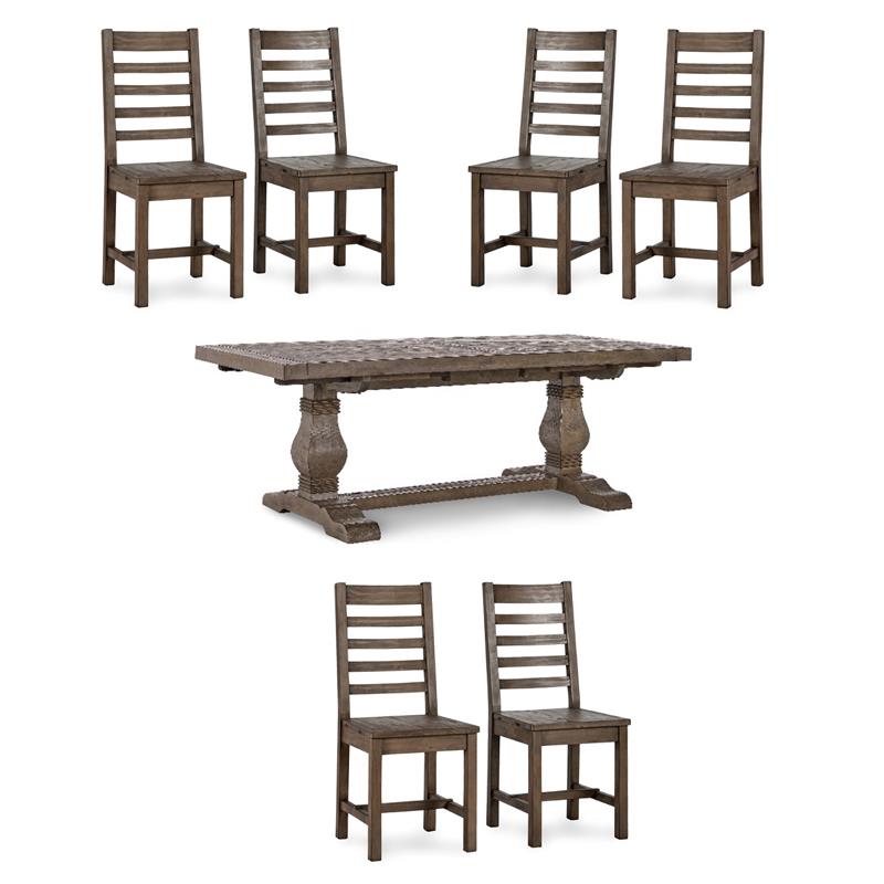 Pemberly Row Set of 7 Pine Wood Extension Dining Table & Chairs in Brown