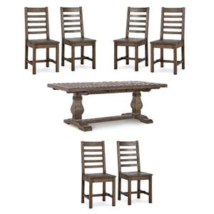 Pemberly Row Set of 7 Pine Wood Extension Dining Table & Chairs in Brown