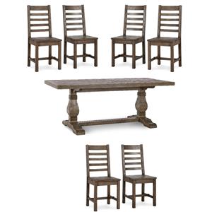 Pemberly Row Set of 7 Pine Dining Table  & Solid Wood Chairs in Brown