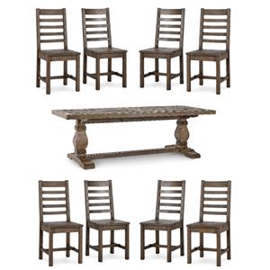 Pemberly Row Set of 9 4&quot Pine Wood Dining Table & Chairs in Brown