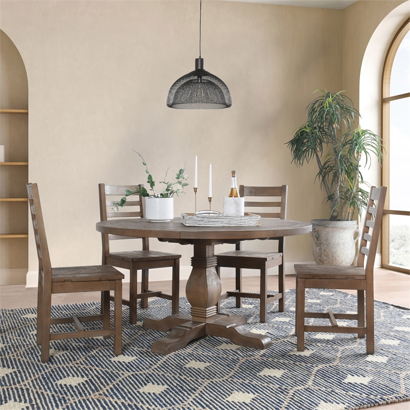 Pemberly Row Set of 5 Round Pine Dining Table and Chairs in Weathered Brown