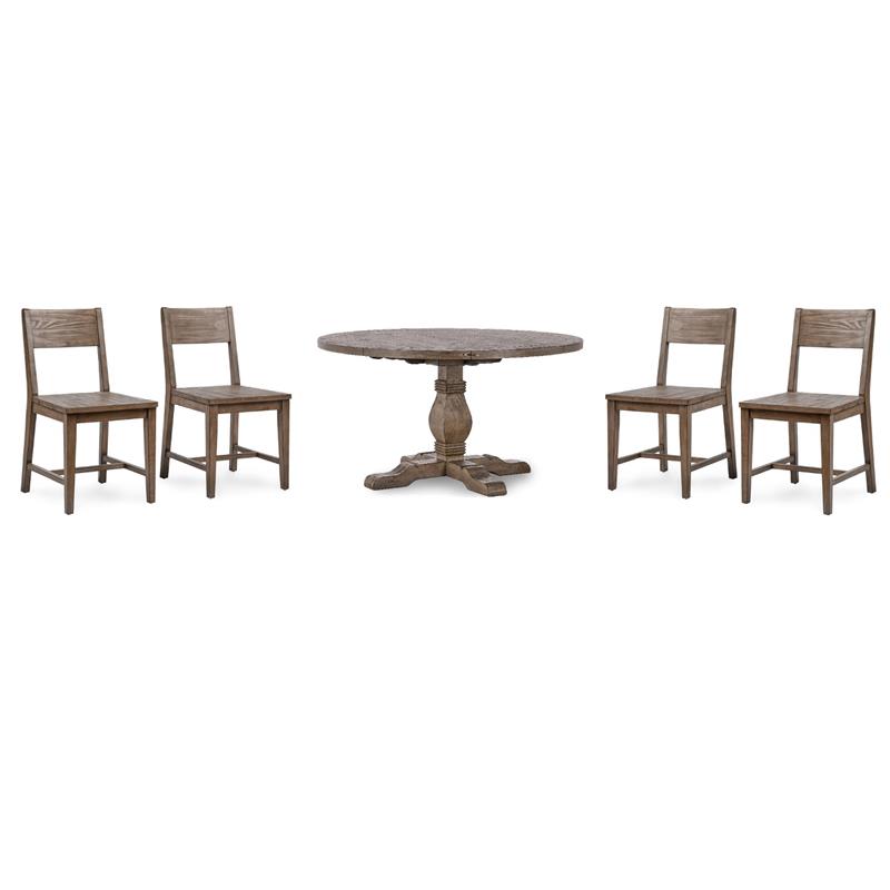 Pemberly Row Set of 5 Round Pine Dining Table and Chairs in Weathered Brown