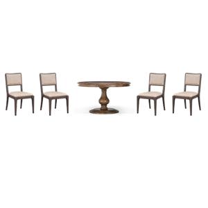 Pemberly Row Set of 5 54&quot Round Pine Wood Dining Table & Upholstered Chairs