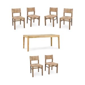 Pemberly Row Set of 7 72&quot Oak Wood Dining Table & Banana Bark Chairs