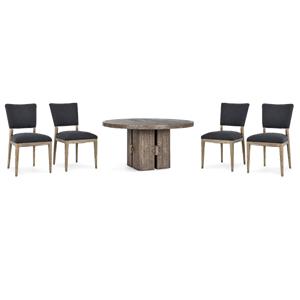 Pemberly Row Set of 5 60&quot Pine Wood Round Dining Table &G56 Upholstered Chairs