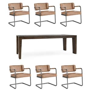 Pemberly Row Set of 7 89&quot Oak Wood Transitional Dining Table & Chairs