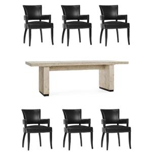 Pemberly Row Set of 7 94&quot Pine Wood Dining Table & Upholstered Armchairs