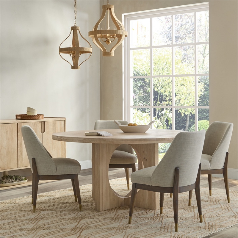 Pemberly Row Set of 5 Wood Round Dining Table & Upholstered Chairs
