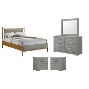 Pemberly Row Set of 4 Full Panel Platform Bed & Dresser w/ Mirror & Nightstands