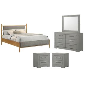 Pemberly Row Set of 4 Queen Panel Platform Bed & Dresser w/ Mirror & Nightstands