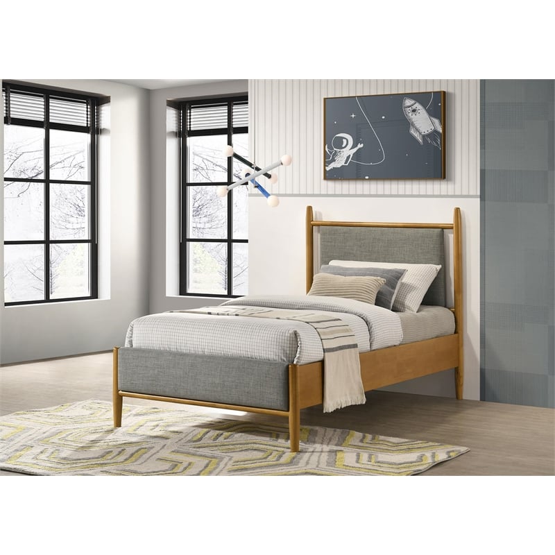 Pemberly Row Set of 4 Twin Panel Platform Bed & Dresser w/ Mirror & Nightstands