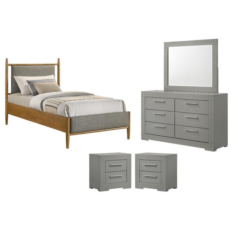 Pemberly Row Set of 4 Twin Panel Platform Bed & Dresser w/ Mirror & Nightstands