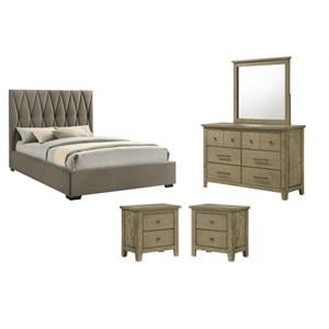 Pemberly Row Set of 4 Queen Panel Platform Bed & Dresser w/ Mirror & Nightstands