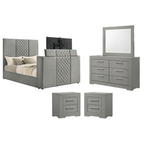 Pemberly Row Set of 4 Queen Panel TV Bed & Dresser with Mirror & Nightstands