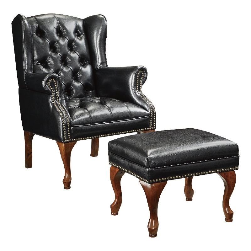 Pemberly Row Set of 4 Upholstered Wingback Chairs and Ottomans in Black
