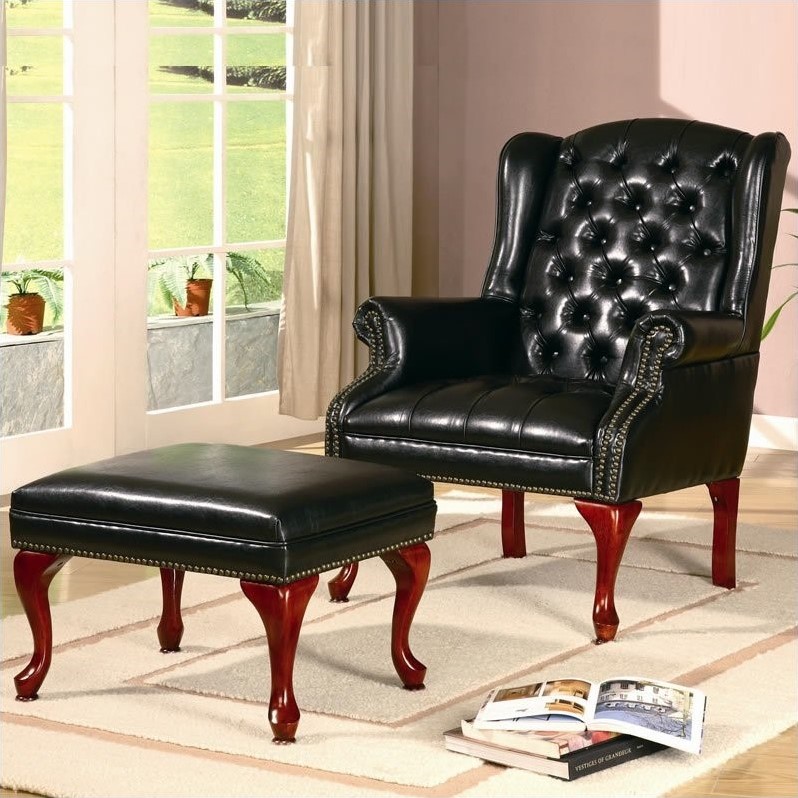 Pemberly Row Set of 4 Upholstered Wingback Chairs and Ottomans in Black
