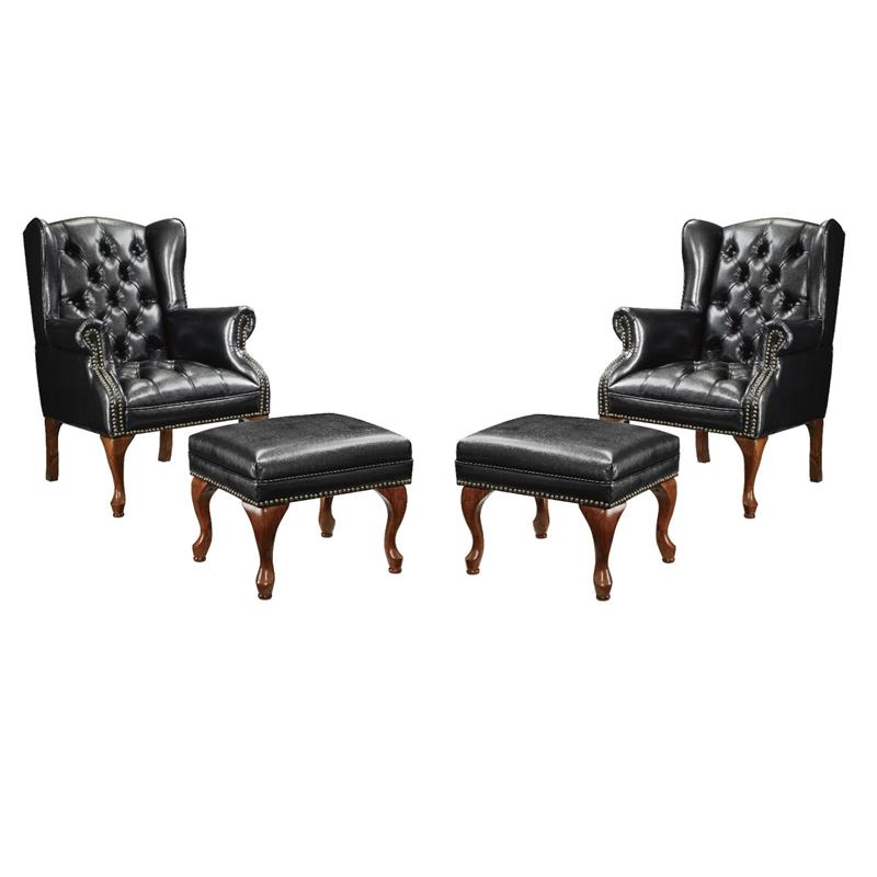 Pemberly Row Set of 4 Upholstered Wingback Chairs and Ottomans in Black