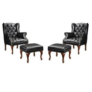 Pemberly Row Set of 4 Upholstered Wingback Chairs and Ottomans in Black
