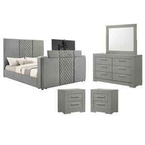 Pemberly Row 4Pc Set Eastern King Panel TV Bed & Dresser w/ Mirror & Nightstands