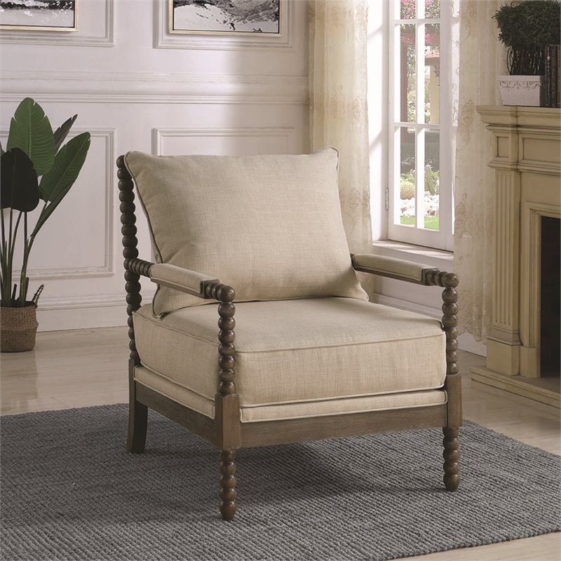 Pemberly Row Set of 2 Upholstered Bobbin Accent Chairs in Beige and Natural