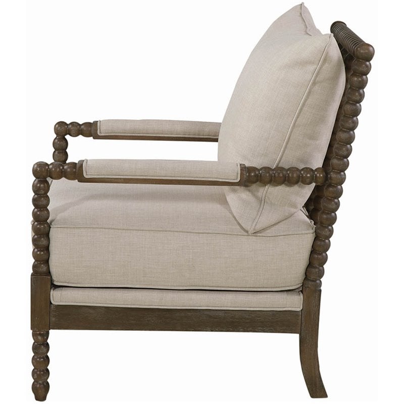 Pemberly Row Set of 2 Upholstered Bobbin Accent Chairs in Beige and Natural