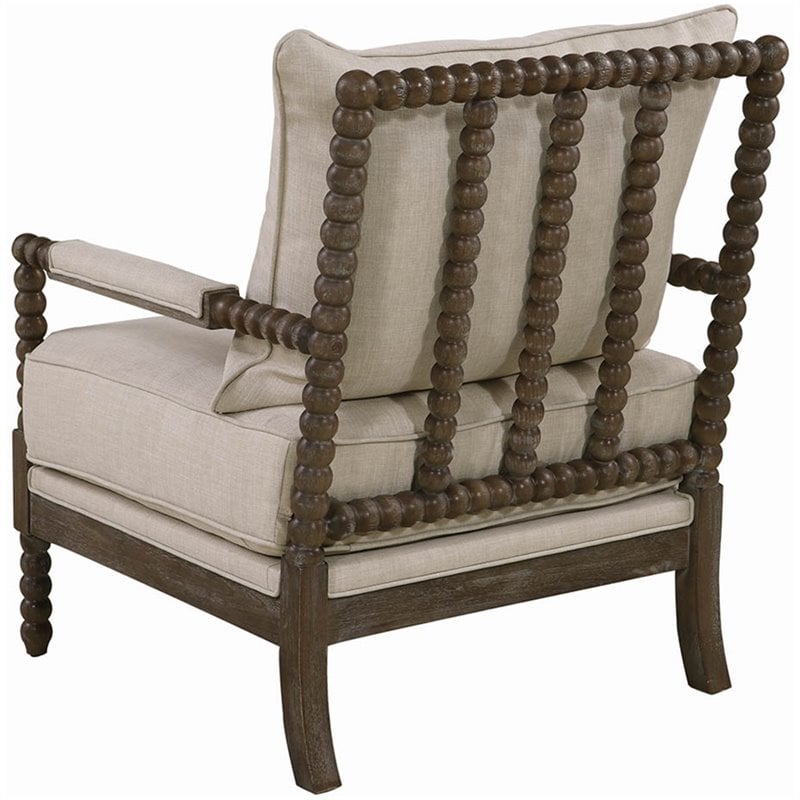 Pemberly Row Set of 2 Upholstered Bobbin Accent Chairs in Beige and Natural