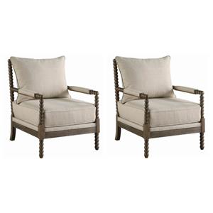 Pemberly Row Set of 2 Upholstered Bobbin Accent Chairs in Beige and Natural