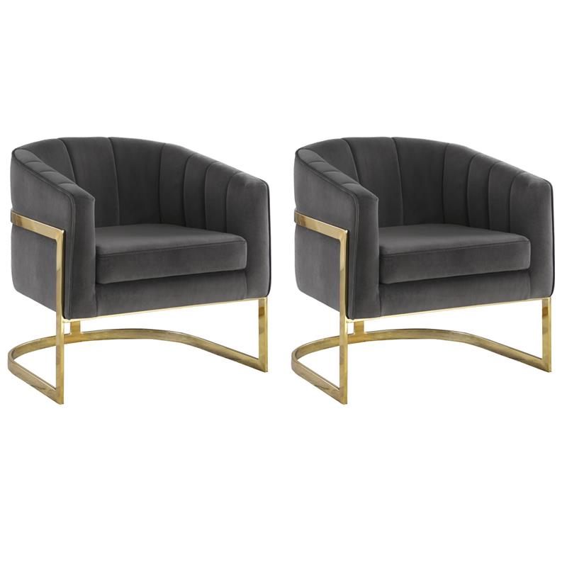 Pemberly Row Set of 2 Upholstered Barrel Back Accent Chairs in Dark Gray