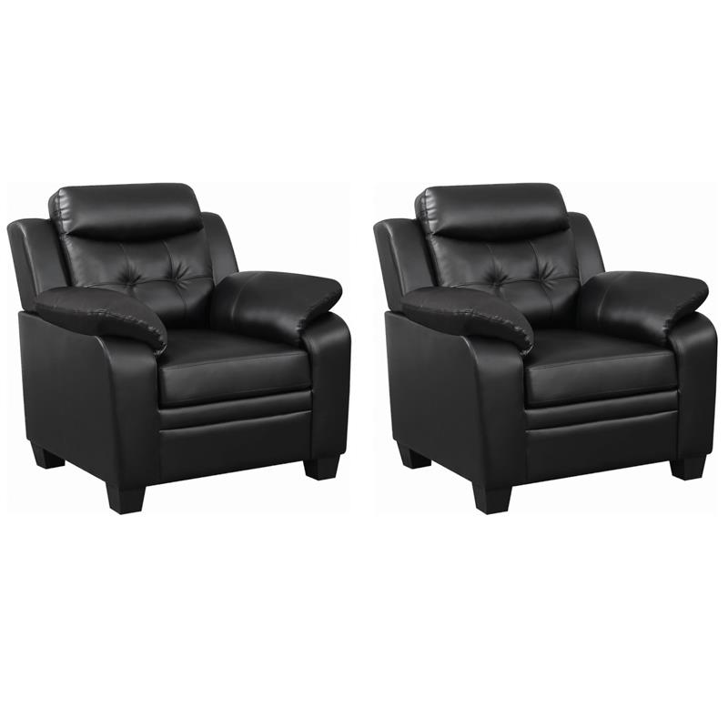 Pemberly Row Set of 2 Upholstered Padded Arm Tufted Accent Chairs in Black