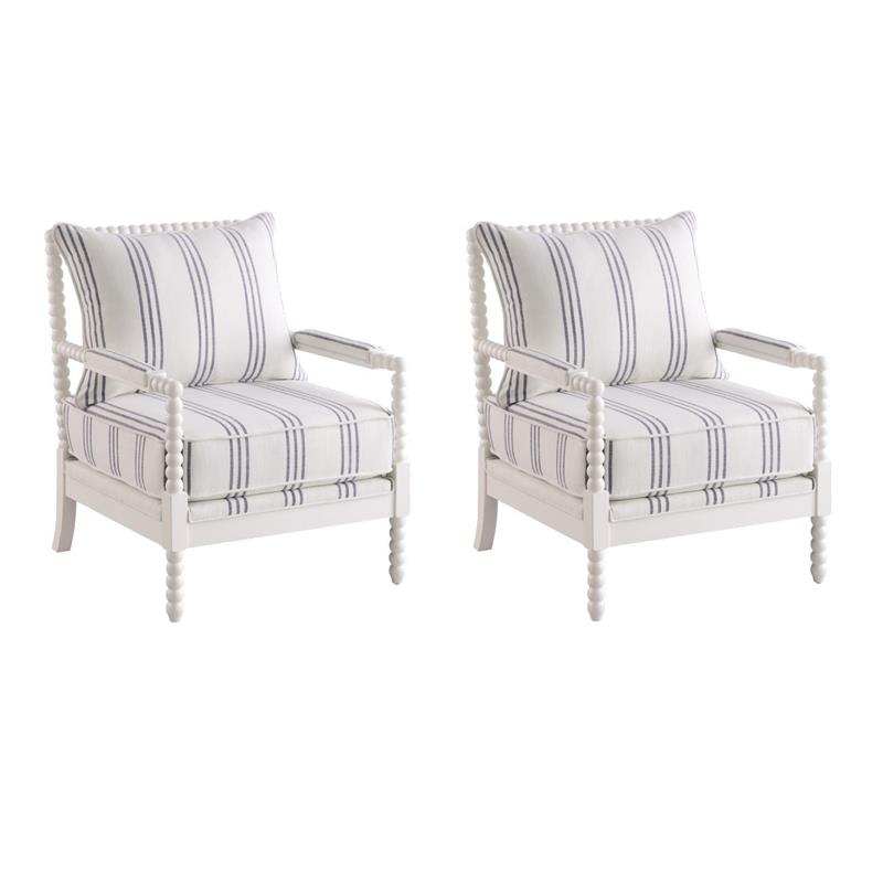 Pemberly Row Set of 2 Upholstered Bobbin Accent Chairs in White and Navy