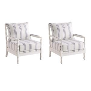 Pemberly Row Set of 2 Upholstered Bobbin Accent Chairs in White and Navy