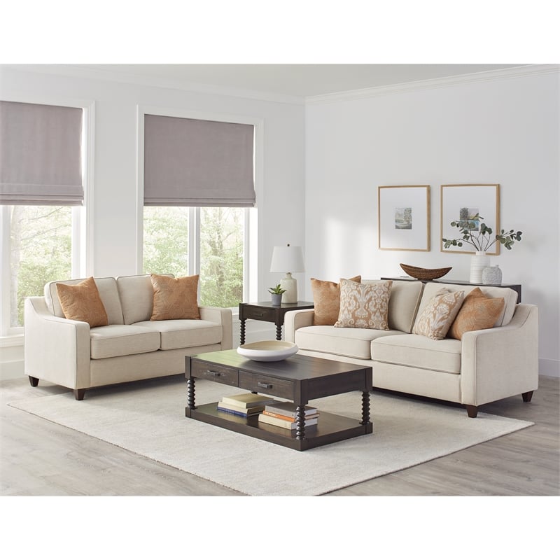 Pemberly Row Set of 2 Upholstered Sloped Arm Accent Chairs in Beige