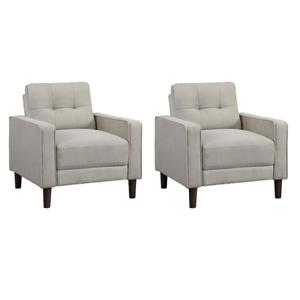 Pemberly Row Set of 2 Upholstered Track Arm Tufted Accent Chairs in Beige