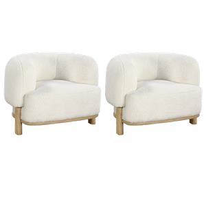 Pemberly Row Set of 2 Upholstered Barrel Back Accent Chairs in Ivory