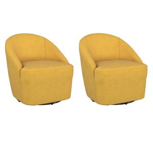 Pemberly Row Set of 2 Upholstered Barrel Accent Swivel Chairs in Mustard Yellow