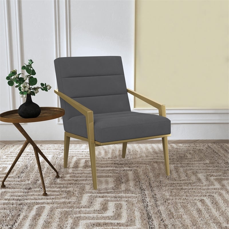 Pemberly Row Set of 2 Upholstered Metal Arm Accent Chairs in Dark Grey