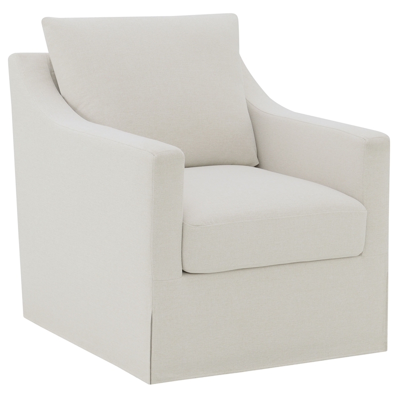 Pemberly Row Set of 2 Upholstered Sloped Arm Accent Swivel Chairs in Beige