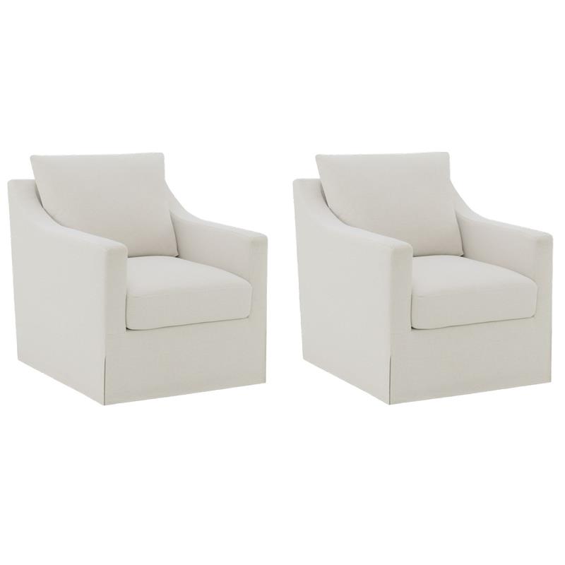 Pemberly Row Set of 2 Upholstered Sloped Arm Accent Swivel Chairs in Beige
