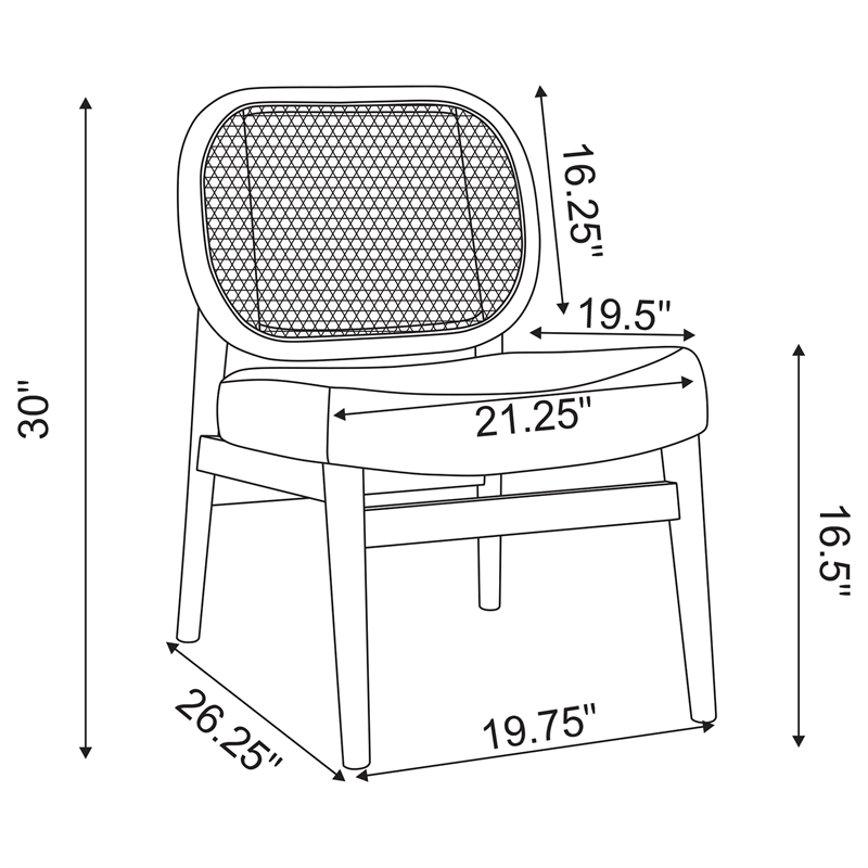 Pemberly Row Set of 2 Rattan Cane Back Accent Chair with Padded Seat in Black