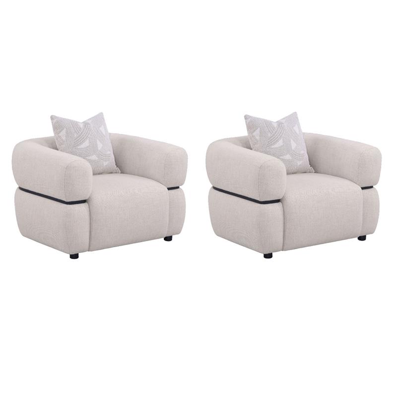 Pemberly Row Set of 2 Fabric Upholstered Round Arm Accent Chairs in Beige