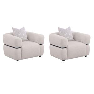 Pemberly Row Set of 2 Fabric Upholstered Round Arm Accent Chairs in Beige